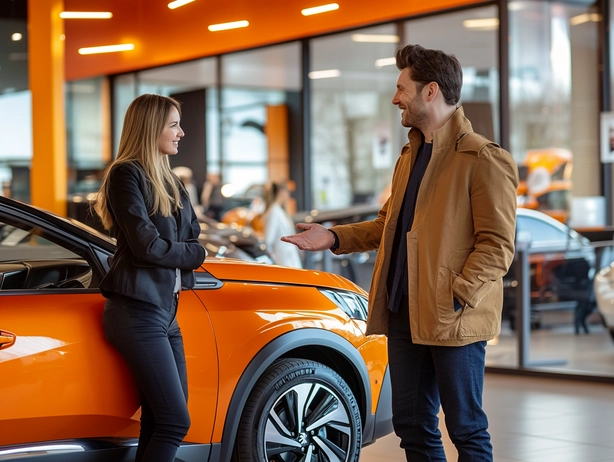 Un-vendeur-automobile-conseil-une-femme-pour-l-achat-d-une-voiture